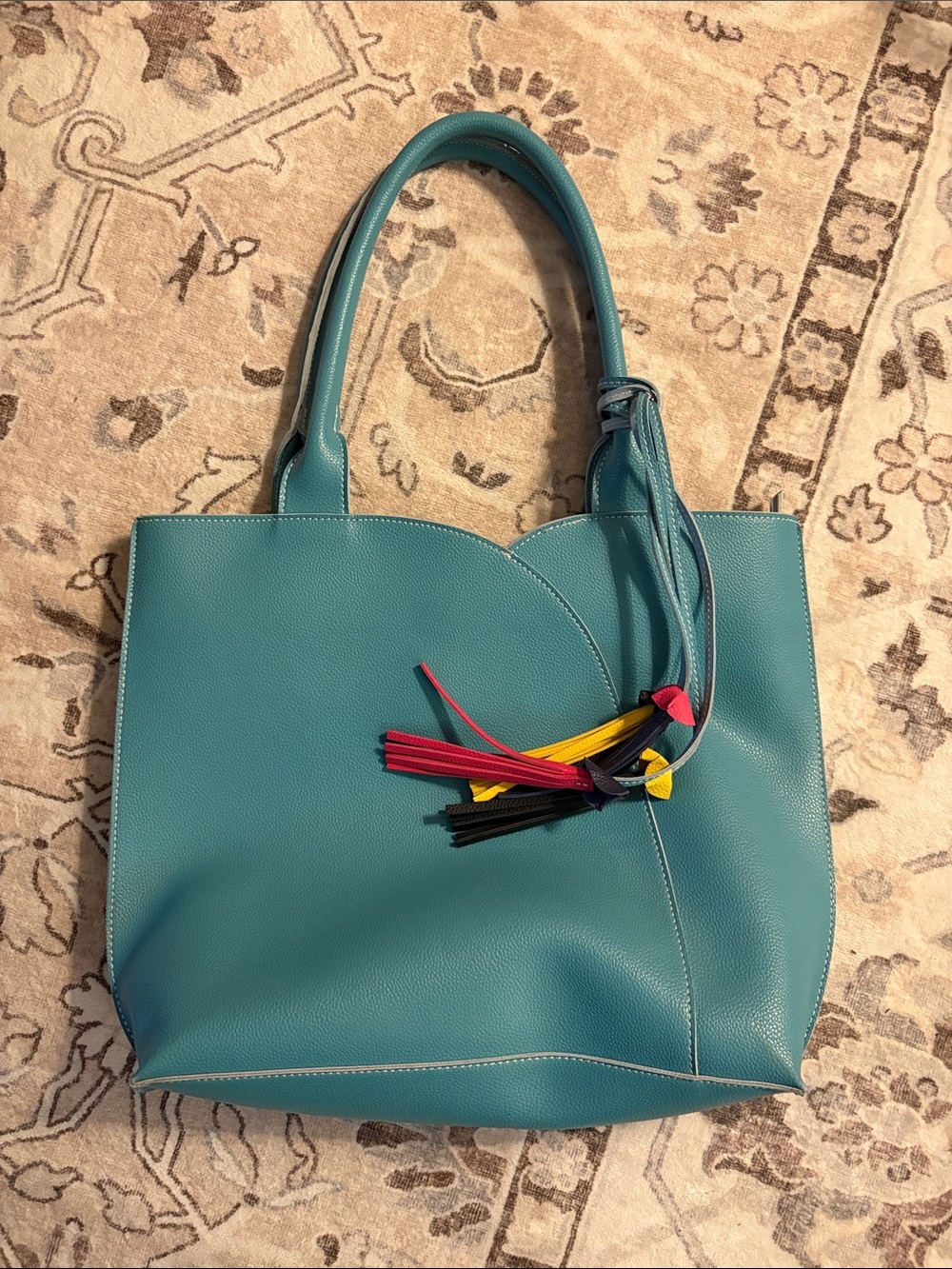 Teal Tote Bag with Multicolor Tassel Accent